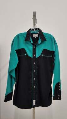 Vintage Panhandle Slim Retro Western Pearl Snap Shirt - Teal & Black (Size Mediu